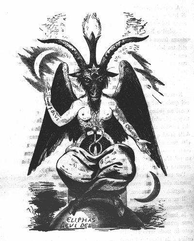Représentation du Baphomet : un monstre à tête de chèvre et corps de femme avec des citations alchimiques sur les bras « solve » et « coagula », un caducée entre les jambes et un pentagramme sur le front. Le diable d