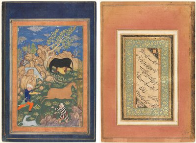 Rustam attrapant son cheval, Rakhsh, dans un paysage (recto); Calligraphie, vers persans (verso) - Unknown artist