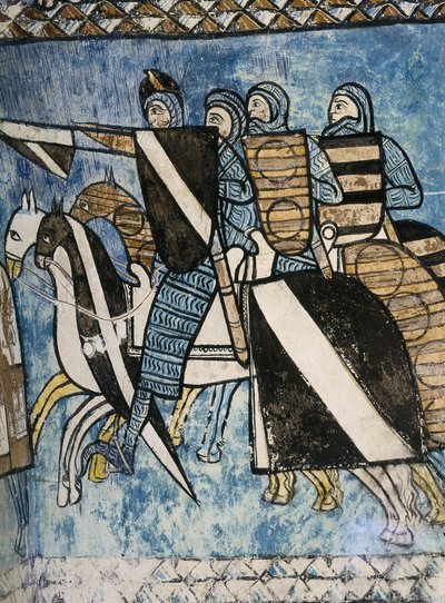 ESPAGNE. CASTILLE ET LEÓN. Valladolid. Monastère de San Bernardo de Valbuena. Armée castillane, groupe de soldats chrétiens à cheval. XIVe siècle. Peinture murale sur "La Reconquista". Art gothique - Unknown artist