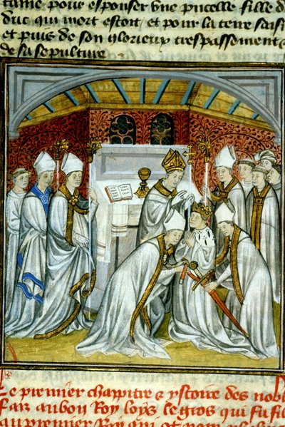 Sacre de Louis VI (1108) - Illumination de manuscrit sur vélin des Grandes Chroniques de Saint-Denis, fin du 14ème siècle - Unknown artist