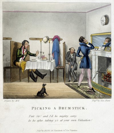 Scène représentant trois hommes dans un restaurant anglais. L