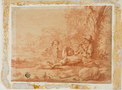 Berger assis jouant de la flûte sous un arbre - Unknown artist