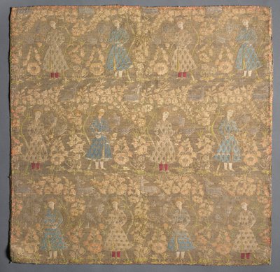 Section de tissu de soie avec des fauconniers parmi des rosiers - Unknown artist