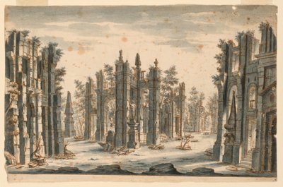 Décor de scène, groupe de bâtiments en ruines avec obélisques - Unknown artist