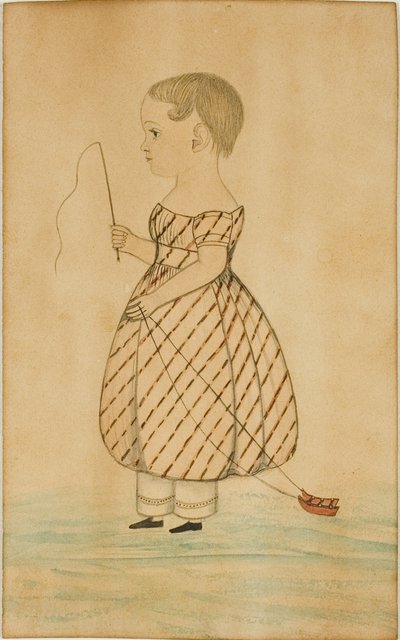Fille debout de profil à gauche avec fouet et traîneau jouet - Unknown artist