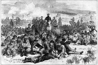 La Commune de Paris en 1871. Communards de Belleville faits prisonniers et gardés par un détachement de gardiens de la paix dans le parc des Buttes-Chaumont. - Unknown artist