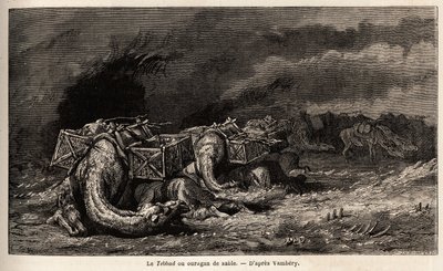 La caravane de chameaux prise dans un ouragan de sable appelé tebbad. Dessin d