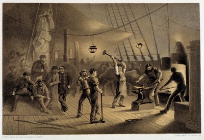 La forge sur le pont. Nuit du 9 août préparant le revêtement en fer pour le cabestan - dans « Le télégraphe atlantique » par W. H. Russel, ca. 1860 - Unknown artist