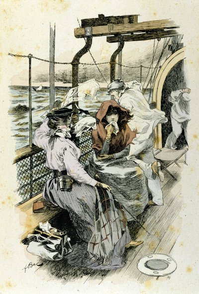 La vie des passagers à bord : une jeune femme souffre du mal de mer. - Unknown artist