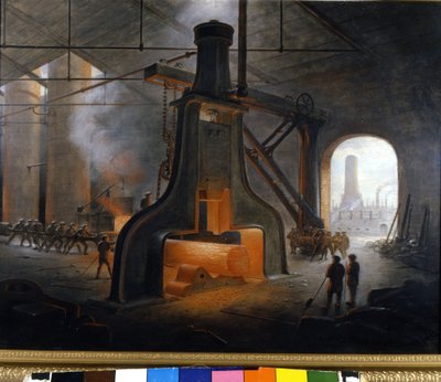 Le marteau-pilon, inventé par J. Nasmyth, en action utilisé dans les usines métallurgiques de Manchester - Unknown artist