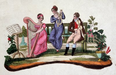 Trois personnes jouant des instruments de musique dans un jardin : harpe, lyre, viole. Gravure sd. du 18e siècle. - Unknown artist