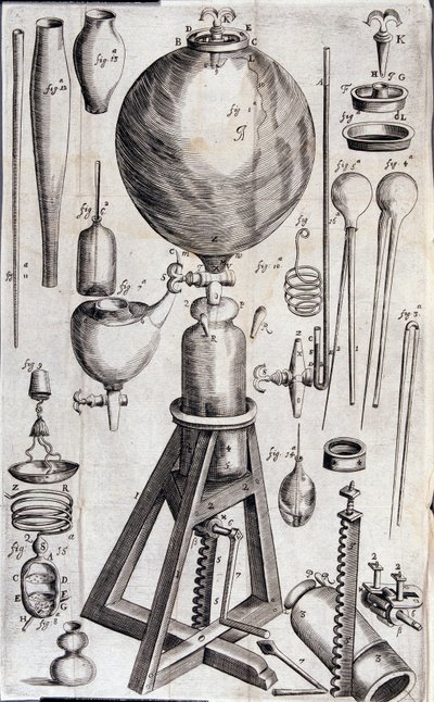 Outils pour expériences scientifiques - dans « Nova experimenta physico-mechanica de vi aeris elastica, et ejusdem effectibus, facta maximam partem in nova machina pneumatica » par Robert Boyle - Unknown artist