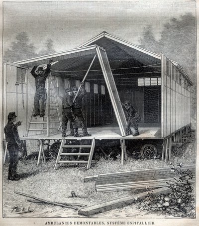 Constructions en carton transportables: ambulances démontables, système inventé par le commandant Espitallier - Gravure dans « La Science française » - Unknown artist