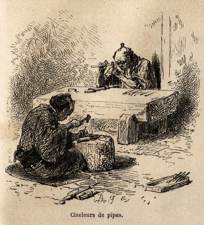Deux ouvriers, chacun avec un marteau et un poinçon, sculptent des tuyaux en métal dans leur atelier. Gravure pour illustrer le voyage au Japon, par Aimé Humbert, ministre de la Confédération suisse, en 1863-1864, publié dans "Le tour du monde", sous la di - Unknown artist