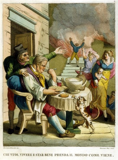 « Qui veut jouir de la vie et bien vivre doit prendre le monde comme il vient ». Collection de proverbes, gravure de la fin du 18ème siècle. - Unknown artist