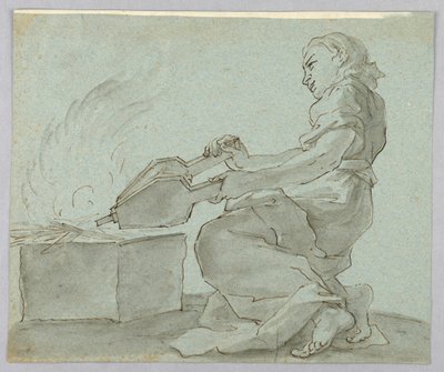 Femme avec soufflet allumant le feu - Unknown artist