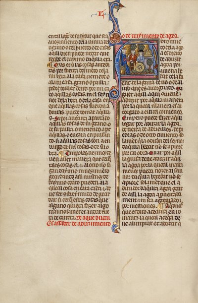 Initiale A : Un juge et deux hommes désignant un aqueduc et une roue de moulin - Unknown artist/maker
