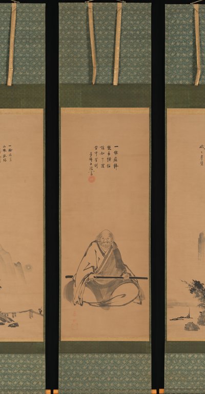 Maître Zen avec bâton de méditation, et paysages de style chinois, probablement fin des années 1620-1644 - Unkoku Toeki