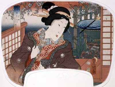 Printemps, Yoshi-cho; Une geisha dans un jardin, design pour un éventail d