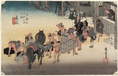 Changement de porteurs et de chevaux, Fujieda, vers 1833 - Utagawa Hiroshige