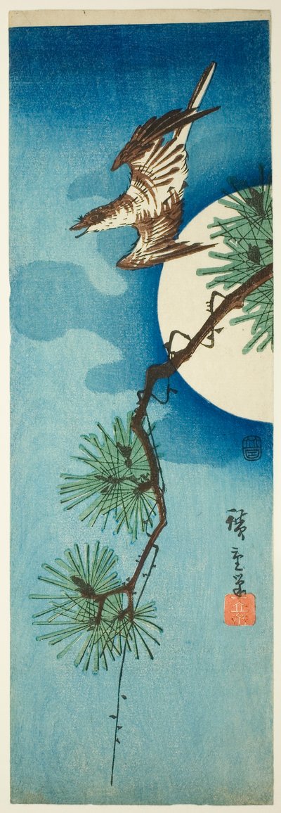 Coucou, branche de pin et pleine lune - Utagawa Hiroshige