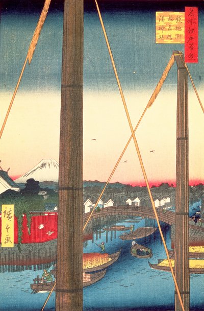 Pont Inari et sanctuaire Minato, Teppozu, planche 77 de la série Cent vues célèbres d