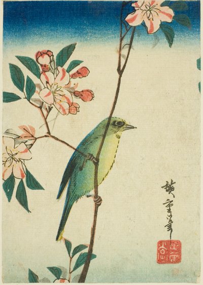 Oeil blanc japonais sur une branche fleurie - Utagawa Hiroshige