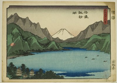 Lac Suwa dans la province de Shinano (Shinano Suwako), de la série "Trente-six vues du mont Fuji (Fuji sanjurokkei)" - Utagawa Hiroshige