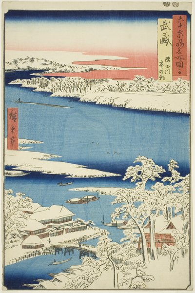 Province de Musashi : Matin après la neige sur la rivière Sumida, de la série "Lieux célèbres des soixante et quelques provinces" - Utagawa Hiroshige