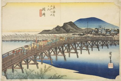 Okazaki : Pont Yahagi (Okazaki, Yahagi no hashi), de la série "Les cinquante-trois stations du Tokaido (Tokaido gojusan tsugi no uchi)", également connu sous le nom de Hoeido Tokaido - Utagawa Hiroshige