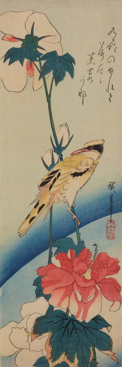Vogel (Gelber Zimtkopf) auf einem Ast der Chinesischen Rose / Fuyo-ni koraiuguisu - Utagawa Hiroshige