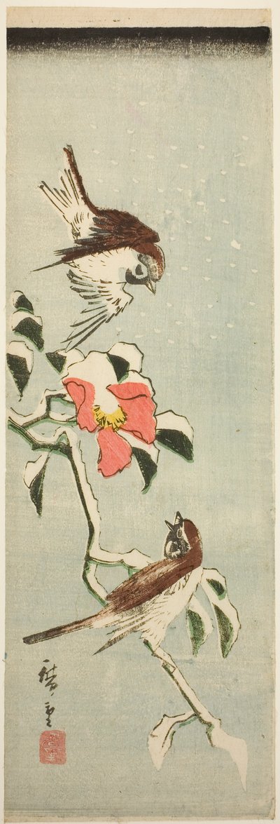 Moineaux et camélia dans la neige - Utagawa Hiroshige