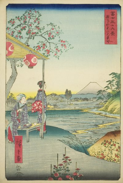 Vue du mont Fuji depuis une maison de thé à Zoshigaya (Zoshigaya Fujimi chaya), de la série "Trente-six vues du mont Fuji (Fuji sanjurokkei)" - Utagawa Hiroshige