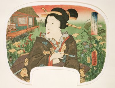 Automne, Hanayashiki : Une geisha avec une pipe, design pour un éventail d