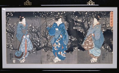 Un triptyque oban représentant une scène nocturne avec trois Bijin - Utagawa Kuniyoshi