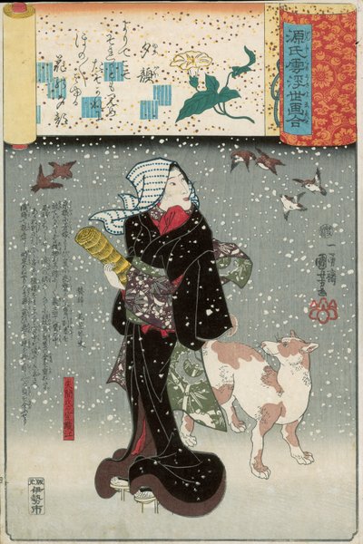 Bijin avec un chien dans la neige, de la série Genji mitate - Utagawa Kuniyoshi