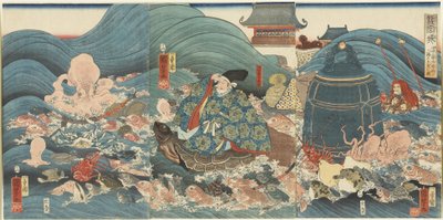 Le dieu dragon récompensant Hidesato avec trois cadeaux, avril 1858 - Utagawa Kuniyoshi