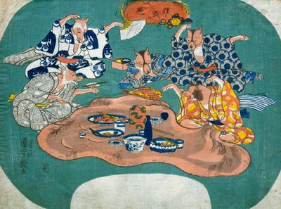 Chien viverrin et renard en train de jouer - Utagawa Kuniyoshi