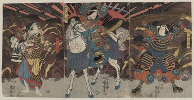 Trois acteurs dans les rôles des samouraïs Wadai Yoshimori, Tomoe Gozen et Yamabuki - Utagawa Kuniyoshi