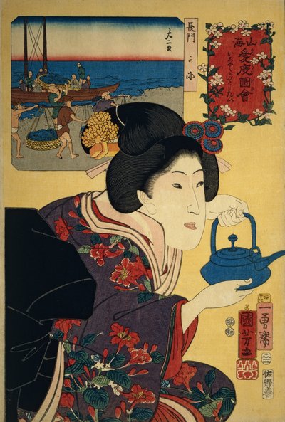 Serveuse avec une bouilloire de saké, avec la plage de Nagato représentée en arrière-plan - Utagawa Kuniyoshi