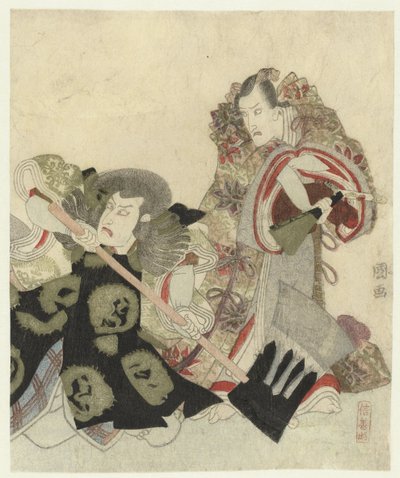 Ichikawa Danjūrō VII en tant que Yoshimune no Munesada avec éventail et Ichikawa Omezō dans le rôle de Sekibei avec hache - Utagawa Toyokuni (I)