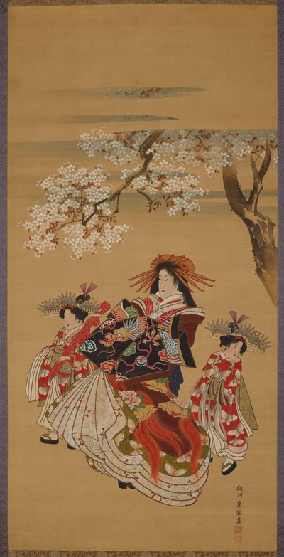 Courtisane avec deux kamuro sous des cerisiers en fleurs - Utagawa Toyokuni