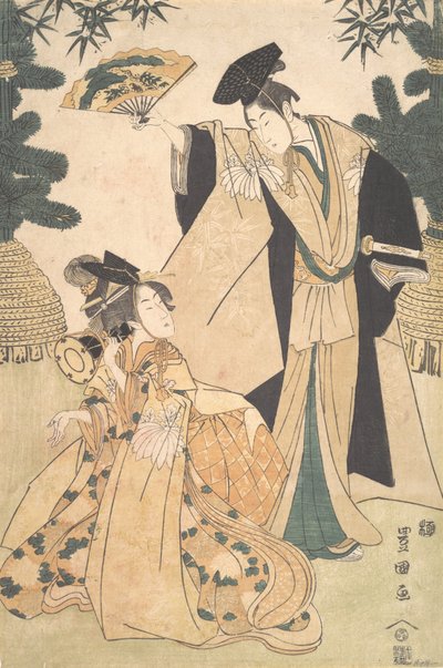 Jeune femme avec tambour et homme avec éventail la saluant - Utagawa Toyokuni I