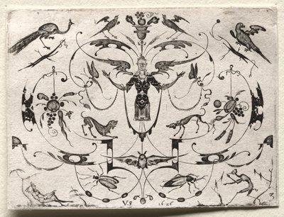 Arabesque avec paon, perruche, chiens et insectes, 1626 - Valentin Sezenius