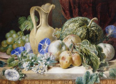 Nature morte avec une cruche, des pommes, des prunes, des raisins et des fleurs - Valentine Bartholomew
