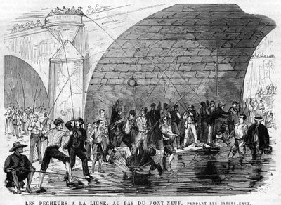 Le pêcheur a la ligne au bas du pont Neuf à Paris en 1868 pendant les basses eaux. Dessin de Desroches - Valnay - Valnay Pere et fils