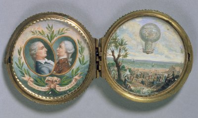 Portrait miniature de J.F. Pilatre et Pierre Romain avec une scène de leur ascension en ballon, 1784 (gouache sur vélin) - Van Blarenberghe