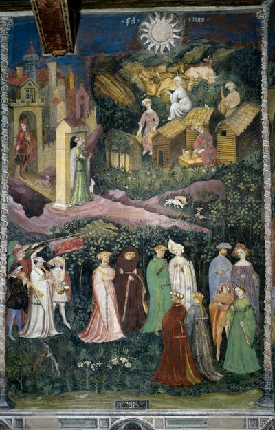 Mois de juin : danse de dames et cavaliers. En bas, traite des vaches et fabrication de fromage avec du lait. Des gens chargés de nourriture sortent du château. Le cardinal Bernardo Cles (1485-1539), le mécène de la peinture refaite par Fogolino, est repré - Venceslao Maestro