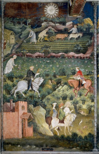 Septembre : chasse au faucon et labour des champs. Scène agricole avec charrette tirée par des bœufs et outils agricoles. Restauré par Marcello Fogolino vers 1535. - Venceslao Maestro