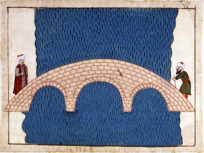 Constantinople. Pont de Galata. Miniature de « Mémoires Turques » (codex Cicogna 1971 « Memorie Turchesche ») Aquarelle de l